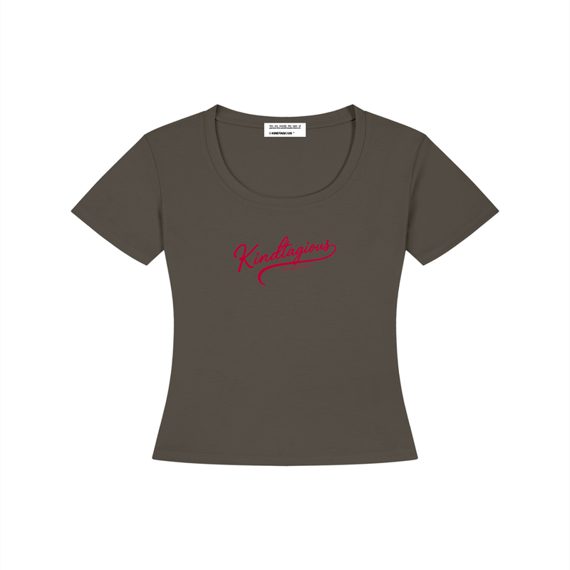 Kindtagious Script Baby Tee in Gray Coffee