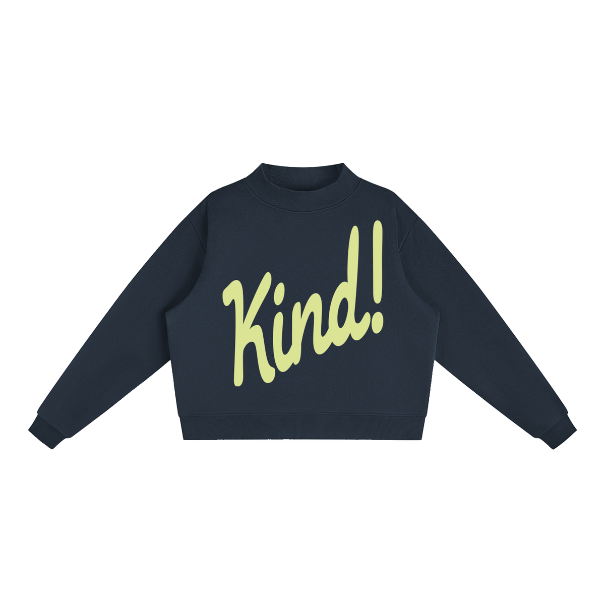 Kind Set in Navy Blue — fleece mockneck with Kind! in script across the front