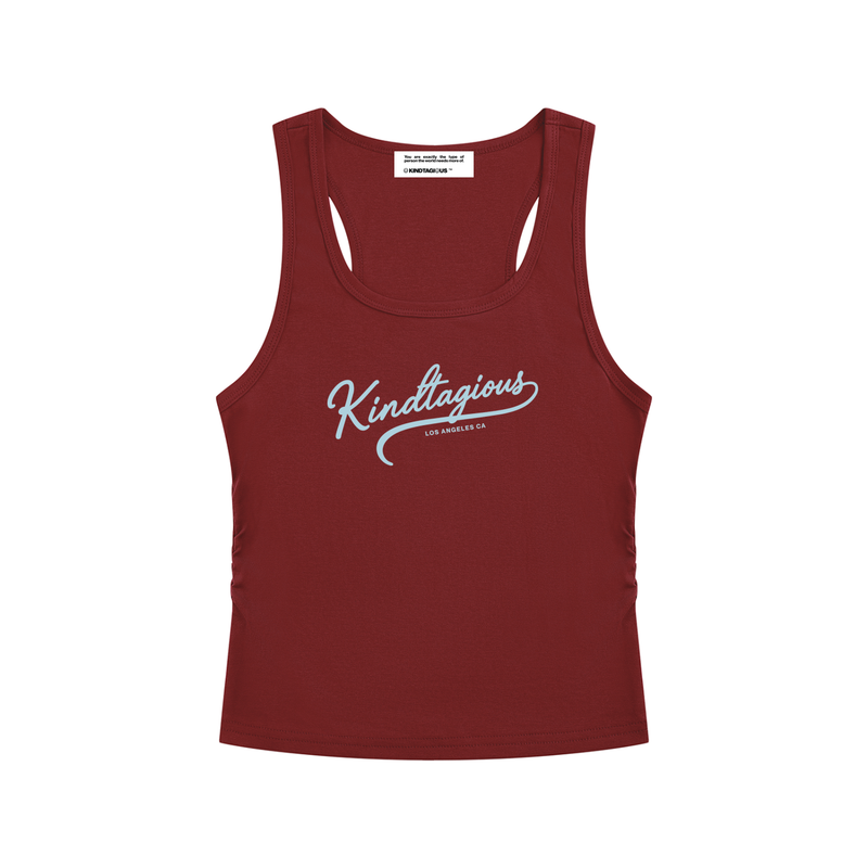 Kindtagious Script Ruched Tank in Wine Red
