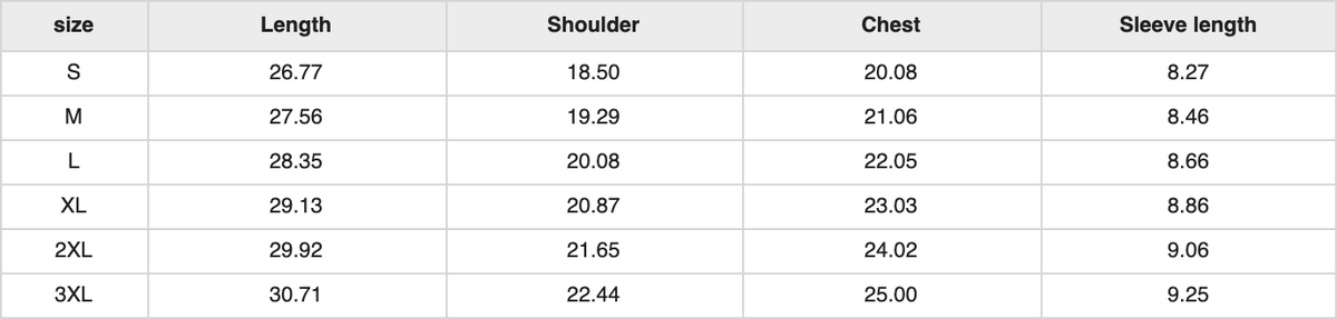 UT0027 regular fit tee size chart