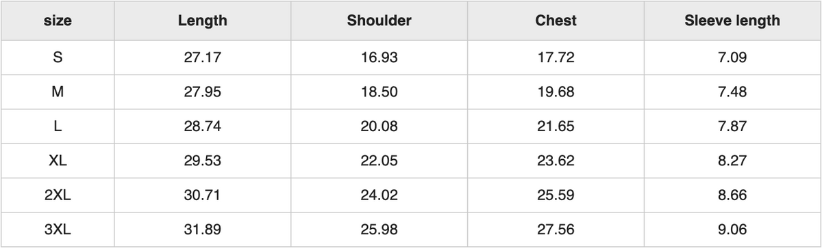 UT0050 unisex tee size chart