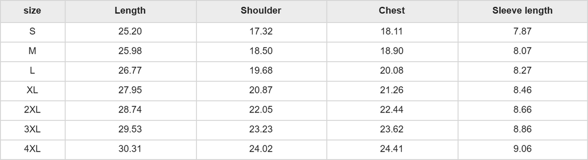 UT0223 regular fit cotton tee size chart