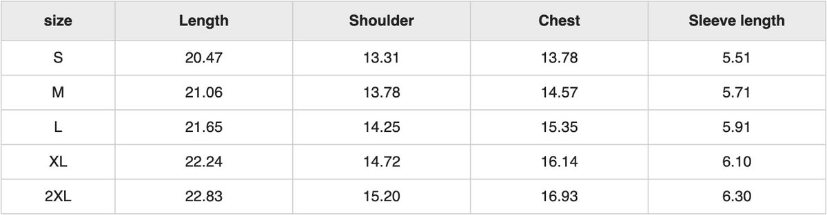 WT0053 womens slim tee size chart