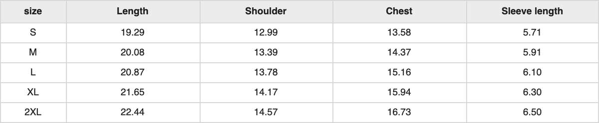 WT0124 tencel baby tee size chart