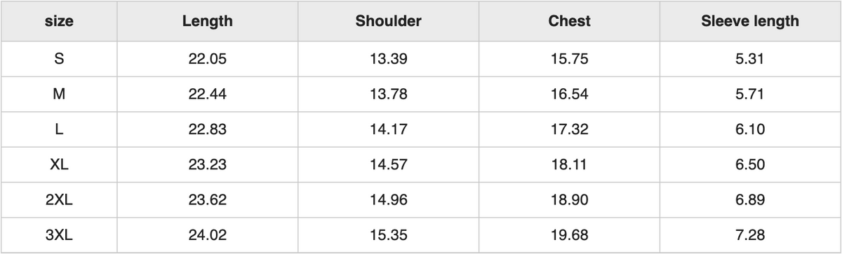 WT0222 womens slim fit tee size chart