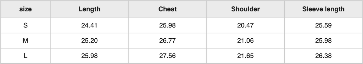 WW0004 fleece mockneck size chart