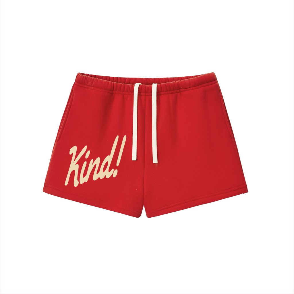 Kind Set in Red — matching fleece drawstring shorts with Kind! on the leg