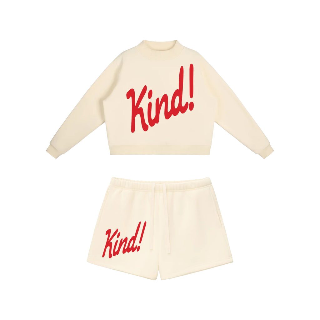 Kind Set in Cream Apricot — fleece mockneck and matching drawstring shorts, both with Kind! in script