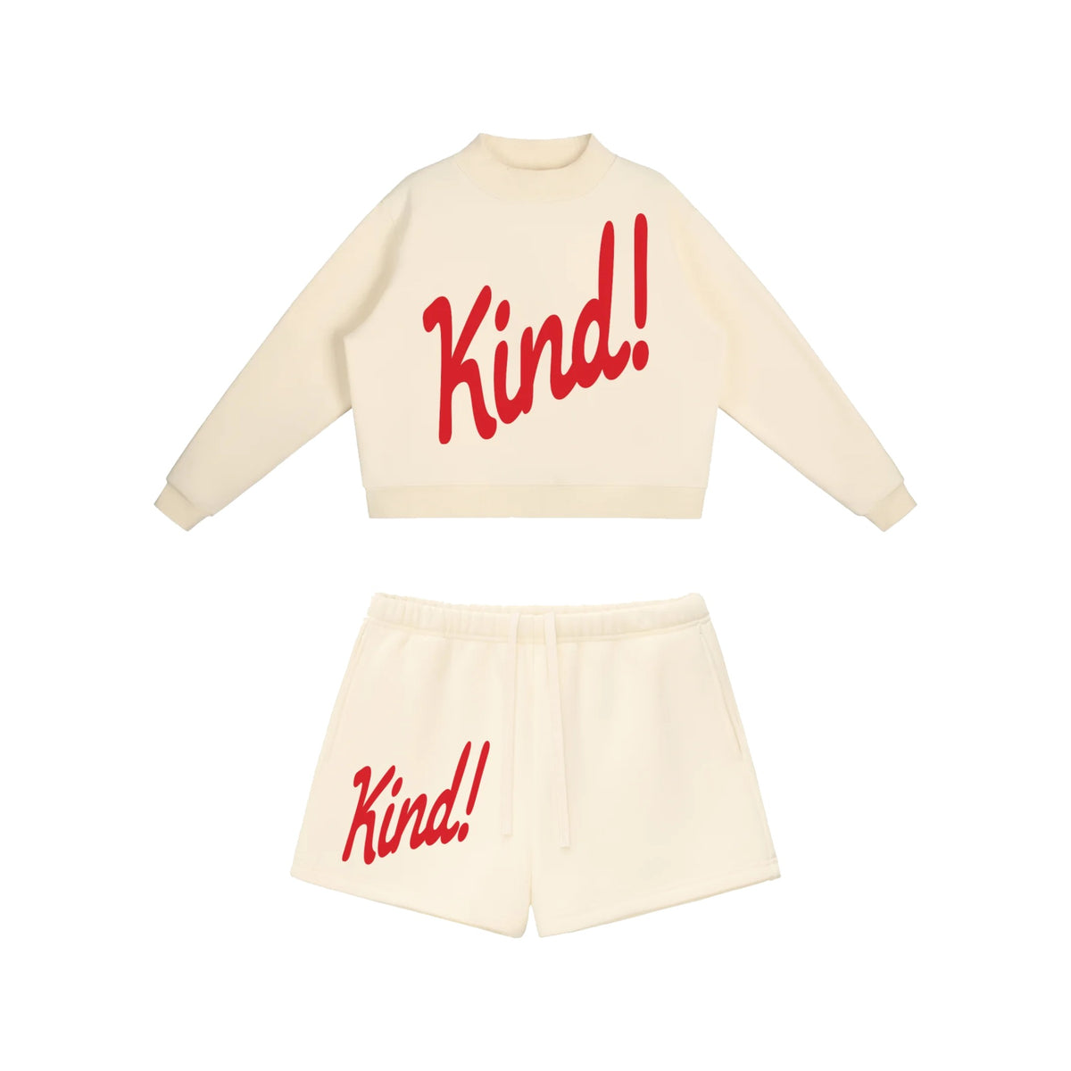 Kind Set in Cream Apricot — fleece mockneck and matching drawstring shorts, both with Kind! in script