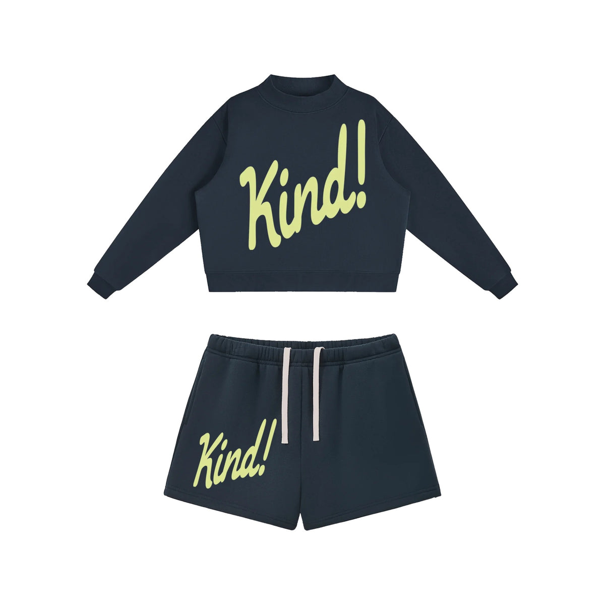 Kind Set in Navy Blue — fleece mockneck and matching drawstring shorts, both with Kind! in script