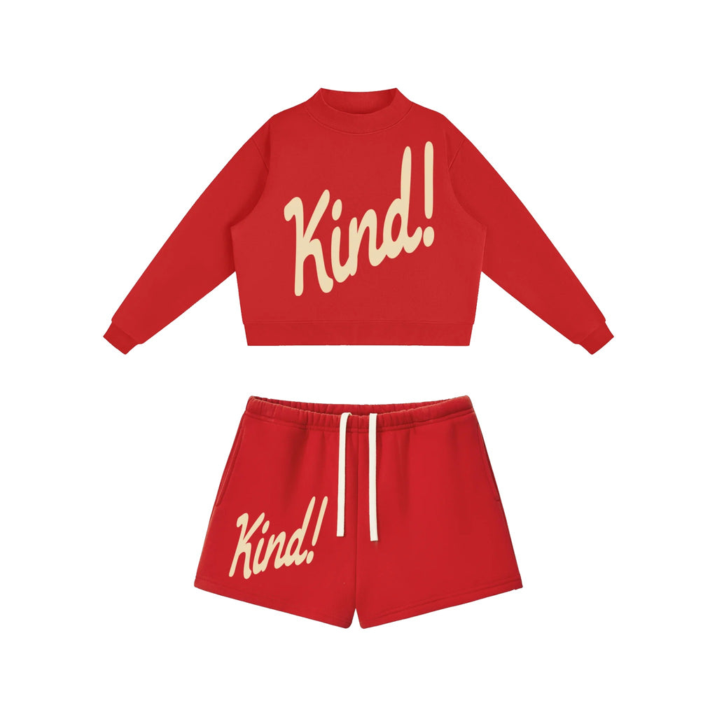 Kind Set in Red — fleece mockneck and matching drawstring shorts, both with Kind! in script