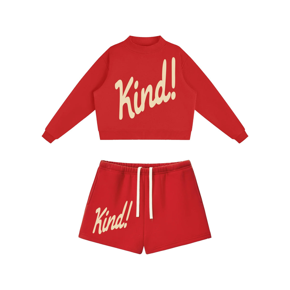 Kind Set in Red — fleece mockneck and matching drawstring shorts, both with Kind! in script