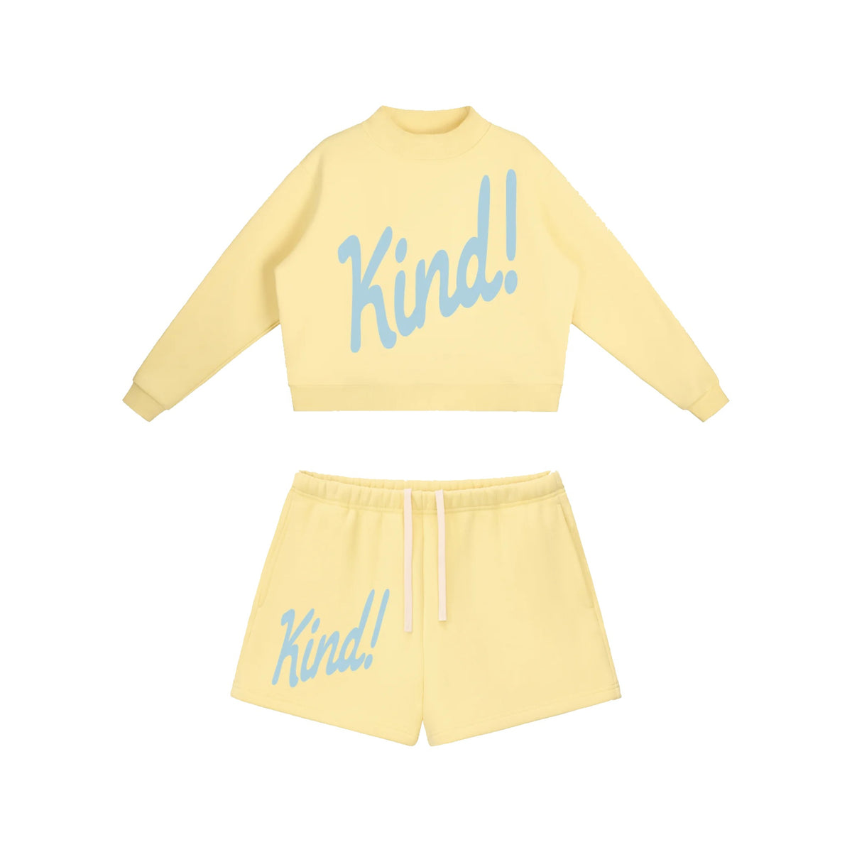 Kind Set in Yellow — fleece mockneck and matching drawstring shorts, both with Kind! in script